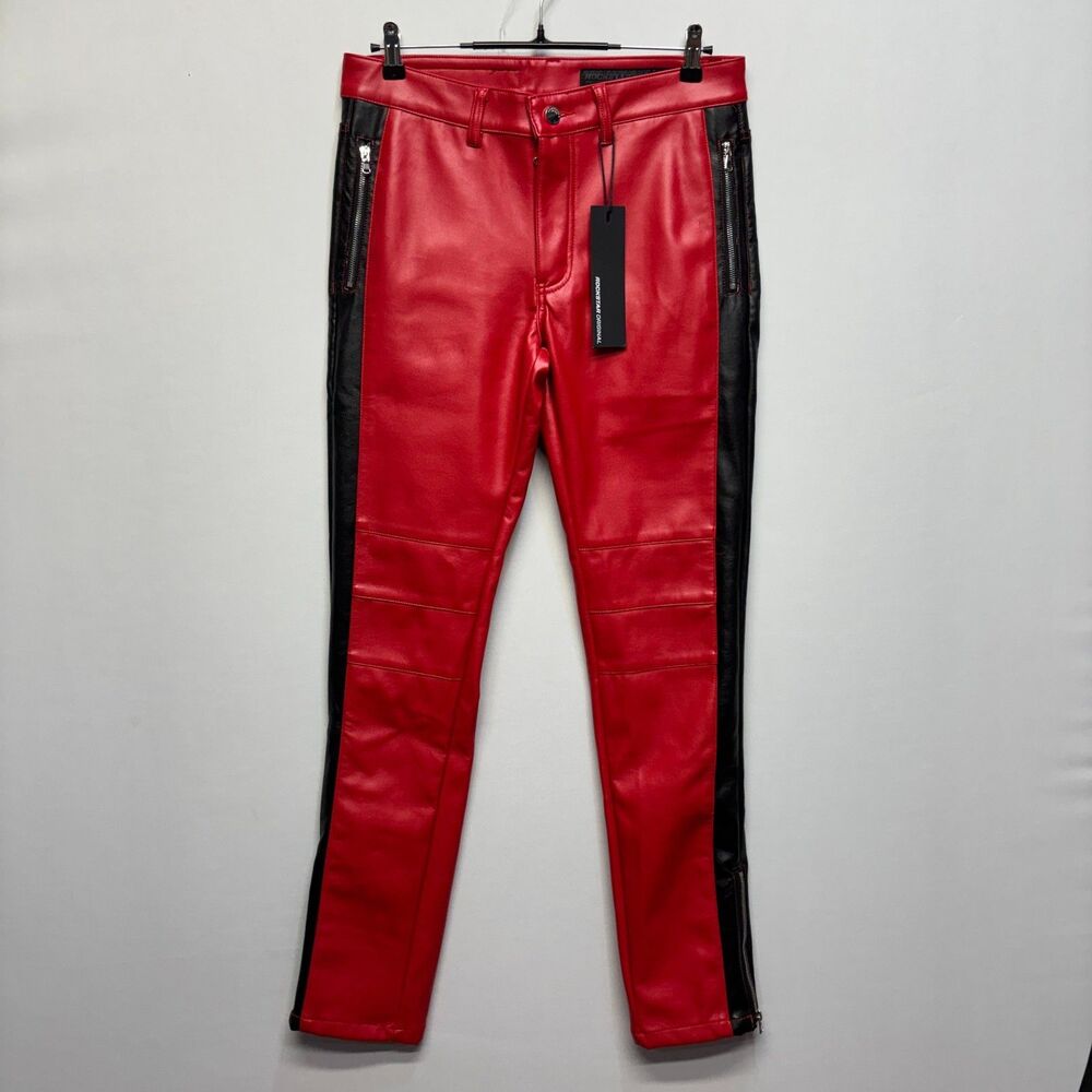 Men's Red Faux Leather Moto Pants with Black Side Panels